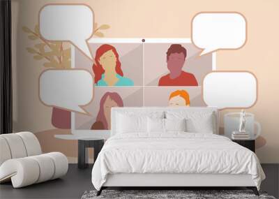 Video call conference or meeting people talking about the news and global events. Stream friends. Chatting from home. Vector flat illustration. Wall mural