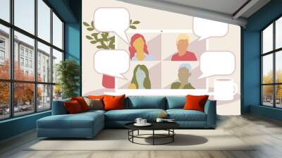 Video call conference or meeting people talking about the news and global events. Stream friends. Chatting from home. Vector flat illustration. Wall mural