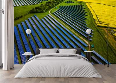 Aerial shot of large solar farm surrounded by farmers fields Wall mural