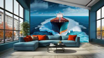 A bulk carrier freight ship traveling on full motion over blue sea with Generative AI Technology Wall mural