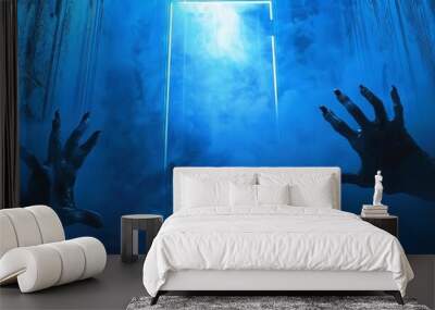 Aerial view of skeletal zombie hands stretching to an ajar door Wall mural