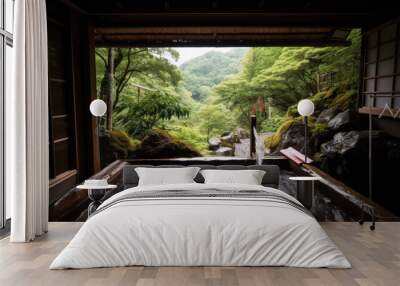 Open air hot spring onsen with waterfall and green nature with Generative AI Technology Wall mural