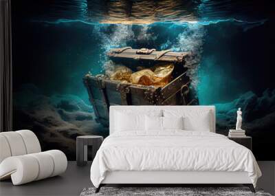 Open treasure chest sunken at the bottom of the sea with Generative AI Technology Wall mural