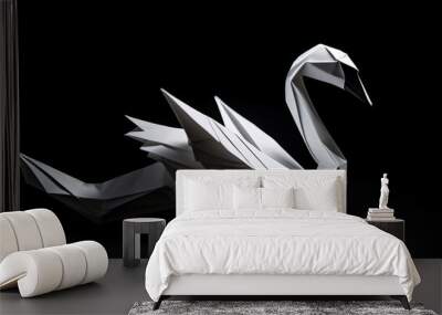 Origami paper white swan on black background Wall mural