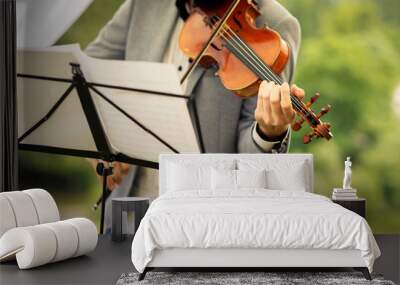 Male violinist playing his instrument and reading a music sheet Wall mural