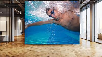 Young man swimming the front crawl in a pool - underwater shot Wall mural