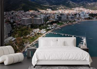 Aerial view of the Old Budva town, port, beach, and mountains. Wall mural