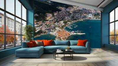 Aerial view of the Old Budva town, port, beach, and mountains. Wall mural