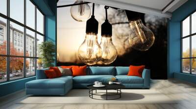 Light Bulb above Sunset background. bulb transparent lamp alternative solar energy in city. Symbol, concept of business new creative idea. Save eco energy. Wall mural