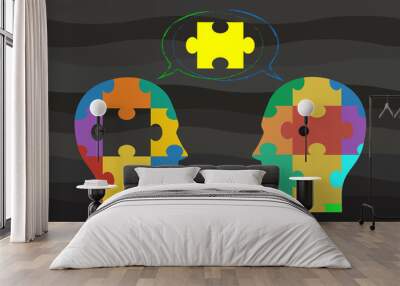 vector concept indicating the idea of brainstorming through two heads made of jigsaw pieces Wall mural