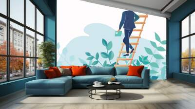 silhouette of young man on ladder as he is walking up a ladder of success and achieve his goals, in the style of dark navy and light azure, white background, kodak ektachrome, aggressive digital illus Wall mural