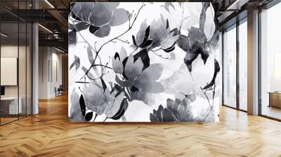 monochrome floral spring abstract rustic seamless pattern of flowers and leaves. digital hand drawn picture with Wall mural