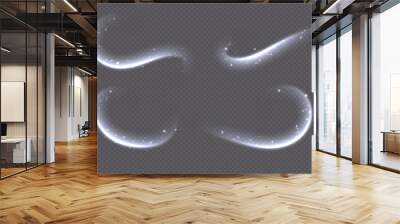 Air flow effect, winter freezing swirls, glowing light trails, cold wind with snow. Icy vapour overlay. Glowing twirls and swirls with stars. Abstract luminescent curves. Christmas vector decoration. Wall mural