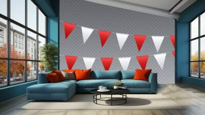 Bunting flags, carnival party flags, white and red festive pennants hanging on a rope. Festival vector decoration. Wall mural