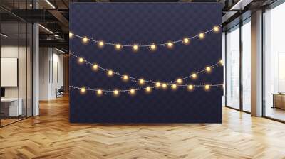 Christmas garland isolated on transparent background. Glowing yellow light bulbs with sparkles. Xmas, New Year, wedding or Birthday decor. Party event decoration. Winter holiday season element. Wall mural