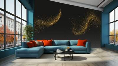 Golden glitter splashes, shiny star dust explosion, shimmer spray effect, festive holiday particles isolated on a dark background. Vector illustration. Wall mural