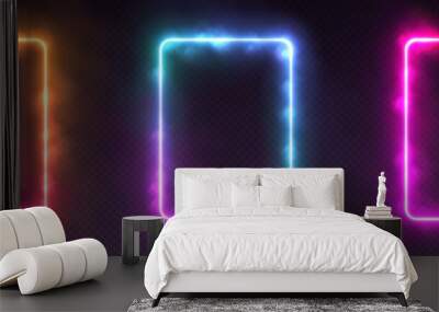 Gradient neon frames with smoke, led rectangular borders with mist effect, transparent glowing haze. Futuristic social media template design elements. Vector retro decorations. Wall mural