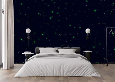 Green sparkles on a dark blue background, fireflies flying in the night. Abstract lightning bugs in the evening sky. Glowing stardust light effect. Vector backdrop. Wall mural