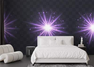 Light flares set isolated on transparent background. Purple lens flares, bokeh, sparkles, shining stars with rays collection. Glowing vector light effect. Vector illustration. Wall mural