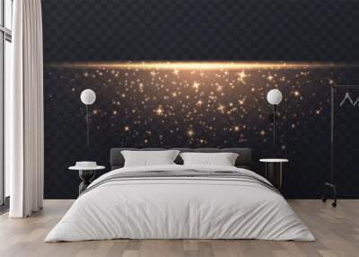 Line with stars and sparkles isolated on transparent background. Golden luminous underline with dust and glares. Glowing vector light effect. Wall mural