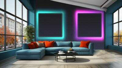 Neon glowing square frames, futuristic gradient colorful borders, modern vector decoration. Dynamic tech design elements. Wall mural