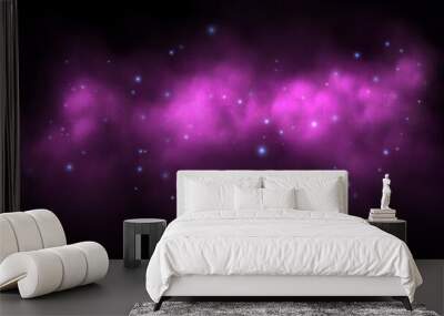 Pink magic smoke, galaxy with starlight, colorful fog with sparkles, glowing haze with blue stars. Vector illustration. Wall mural