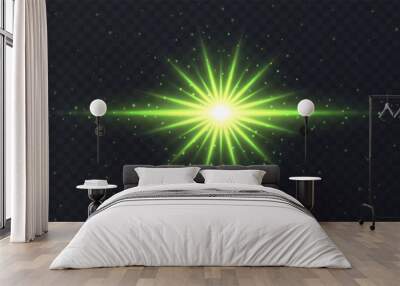 Shining flare with stars and sparkles isolated on dark transparent background. Green lens flare, stardust, shining star with rays concept. Glowing vector light effect. Wall mural