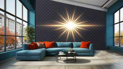 Shining sun flare isolated on dark transparent background. Lens flare, shining star with rays concept. Glowing vector light effect. Wall mural