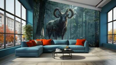 A powerful and majestic horned animal stands solemnly in the middle of a dense misty forest surrounded by ancient trees and a sense of mystery and wonder Wall mural