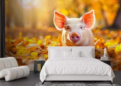 Adorable domestic pig with a happy smiling expression sitting amongst the fallen yellow leaves in a picturesque autumn meadow under warm sunny skies Wall mural