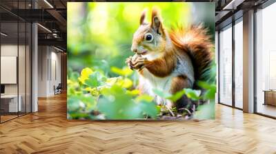 Close up of a cute and fluffy red squirrel sciurus vulgaris foraging and nibbling on a nut in a lush green spring forest environment with copy space Wall mural