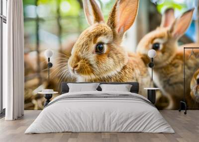 Closeup portrait of two cute and fluffy baby rabbits in a natural green grass setting at an eco friendly farm  The young bunnies have large eyes and soft fur Wall mural