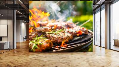 Grilling Steak on Outdoor Barbecue with Flames Wall mural