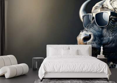 Powerful and Sophisticated Buffalo Portrait   A Stylish Business Animal Wearing Sunglasses and a Suit Posing Confidently Against a Minimalist Background with Copyspace Wall mural