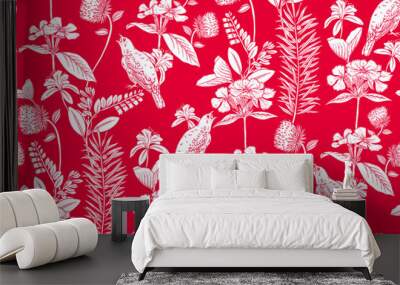 Morris Bird Seamless Pattern: Floral and Bird Pattern in William Morris Style Wall mural