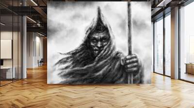 Angry dark warrior with spear is watching. Scary 2d illustration. Twilight, creepy fog and gloomy man. Horror fantasy art. Spooky visions of hell. Halloween ghost image. Black and white background. Wall mural