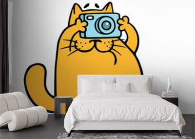 Cartoon orange cat with camera is taking pictures. Vector illustration Wall mural