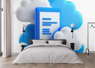 3D illustration of blue and white clouds surrounding a document, representing cloud storage and document management. The design emphasizes digital file storage and accessibility in a cloud environment Wall mural