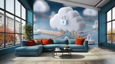 3D illustration of multiple cloud icons connected by golden lines, each featuring a blue padlock, representing a secure cloud network. Wall mural