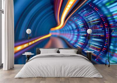 Futuristic image depicting a digital data tunnel with vibrant light streaks and flowing data streams, symbolizing high speed data transfer and advanced technology. Wall mural