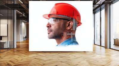 Profile construction engineer wearing a red hard hat and safety glasses, featuring a digital overlay of a city skyline. Ideal for themes of urban development, construction technology, and engineering. Wall mural