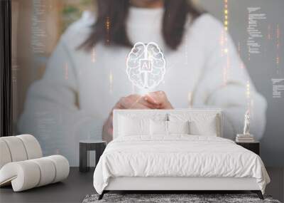 The concept of artificial intelligence technology or AI. Woman holding light bulb abstract brain circuit with background binary code. Human beings who bring intelligent assistants to use in their work Wall mural