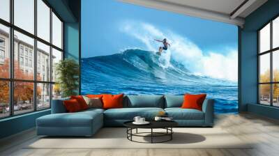 Surfer on perfect blue aquamarine wave, empty line up, perfect for surfing, clean water, Indian Ocean . Wall mural