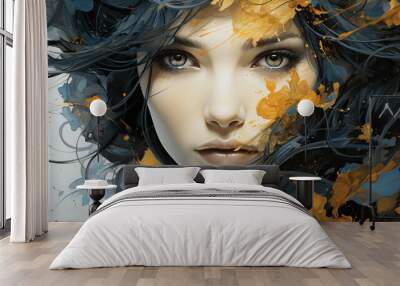  Portrait of a Girl's Face in Black Ink with Gray and Gold, in a Vintage and Harmonious Color Style Wall mural