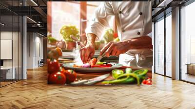 A chef deftly handles fresh ingredients, preparing a gourmet meal for their hungry customers. (brown) Wall mural