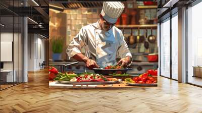 A chef deftly handles fresh ingredients, preparing a gourmet meal for their hungry customers. (brown) Wall mural