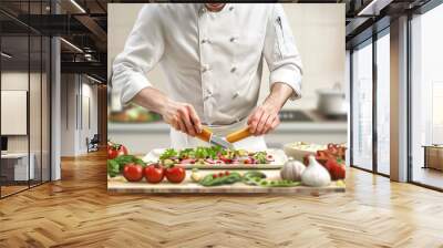 A chef deftly handles fresh ingredients, preparing a gourmet meal for their hungry customers. (brown) Wall mural