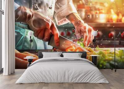 A chef expertly chops fresh vegetables for their next culinary masterpiece Wall mural