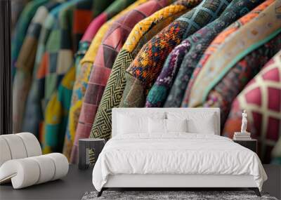 A close-up of a rack of vintage clothing items with colorful patterns and textures Wall mural