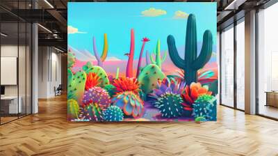 A colorful, whimsical rendering of a Mexican cactus garden, its prickly shapes and vibrant hues contrasting against the desert backdrop. Wall mural